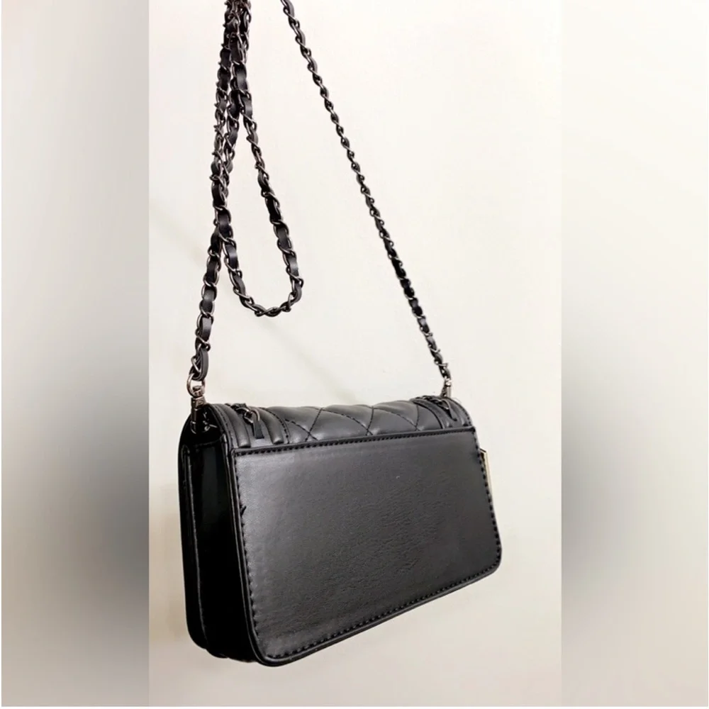 Badgley Mischka Black Vegan Leather Quilted Front Crossbody Bag on Chain Strap.